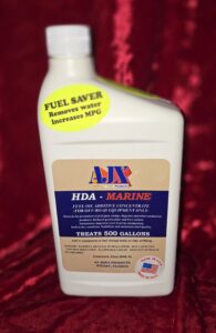 Fuel additive bottle with red background.