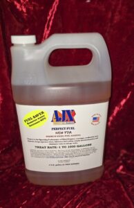 Fuel additive container on red background.